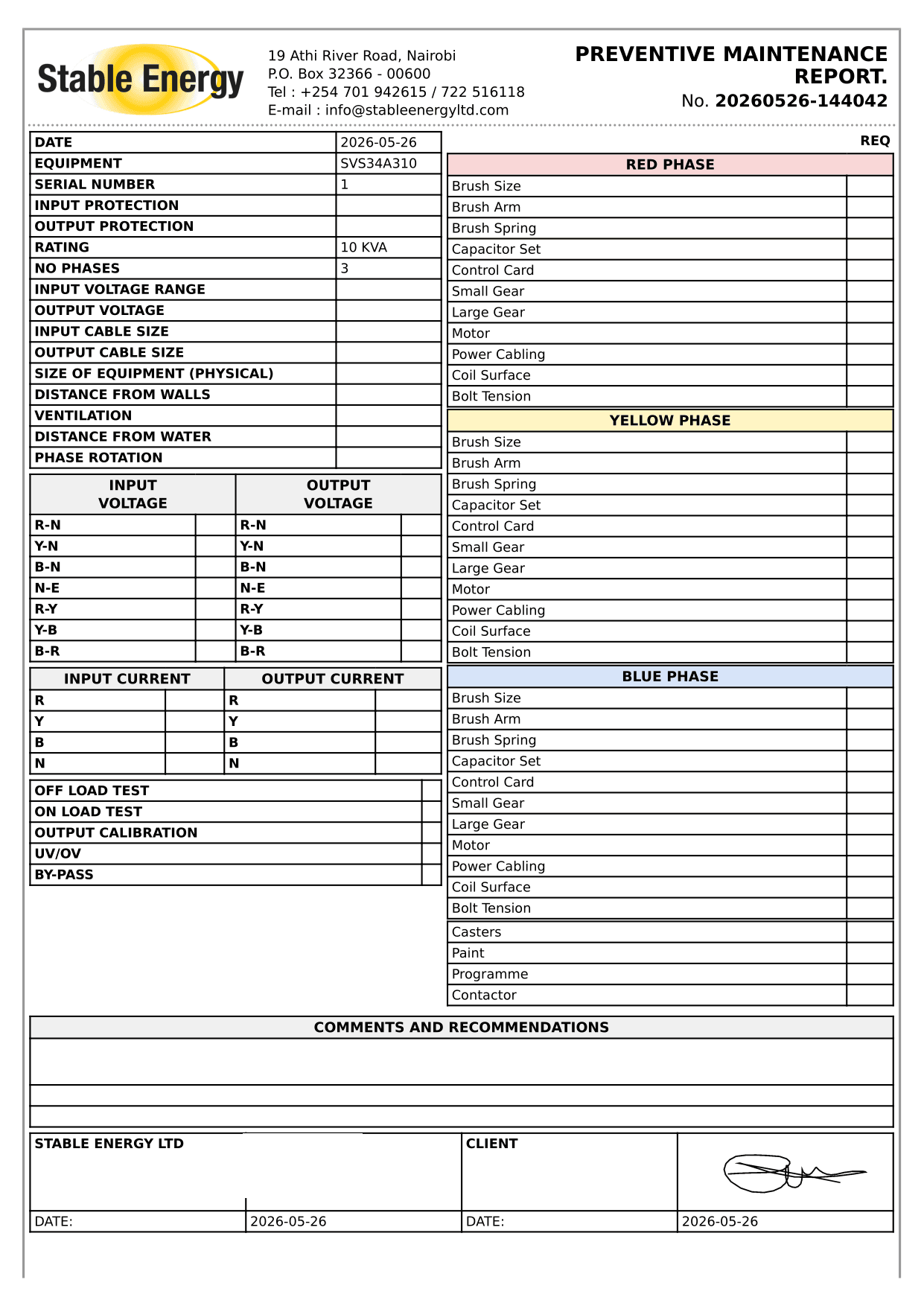 Sample Stable Energy preventive maintenance service report